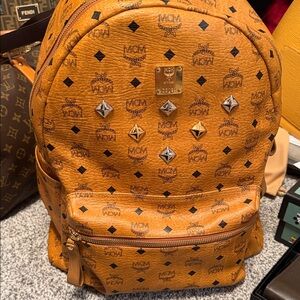 MCM Tan Visetos Logo Studded Backpack